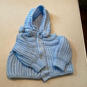 Hand- crafted Knit Baby Blue, Cable Knit Soft Baby Hoddie Sweater.